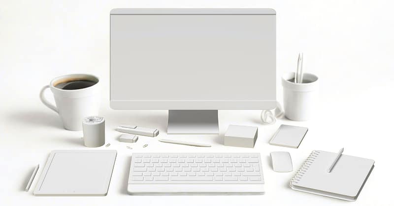Rachel Jackson Marketing Tech Specialist, a minimalist picture of a white workstation. There's a monitor, mouse, notebook, keyboard a cup and a mug.